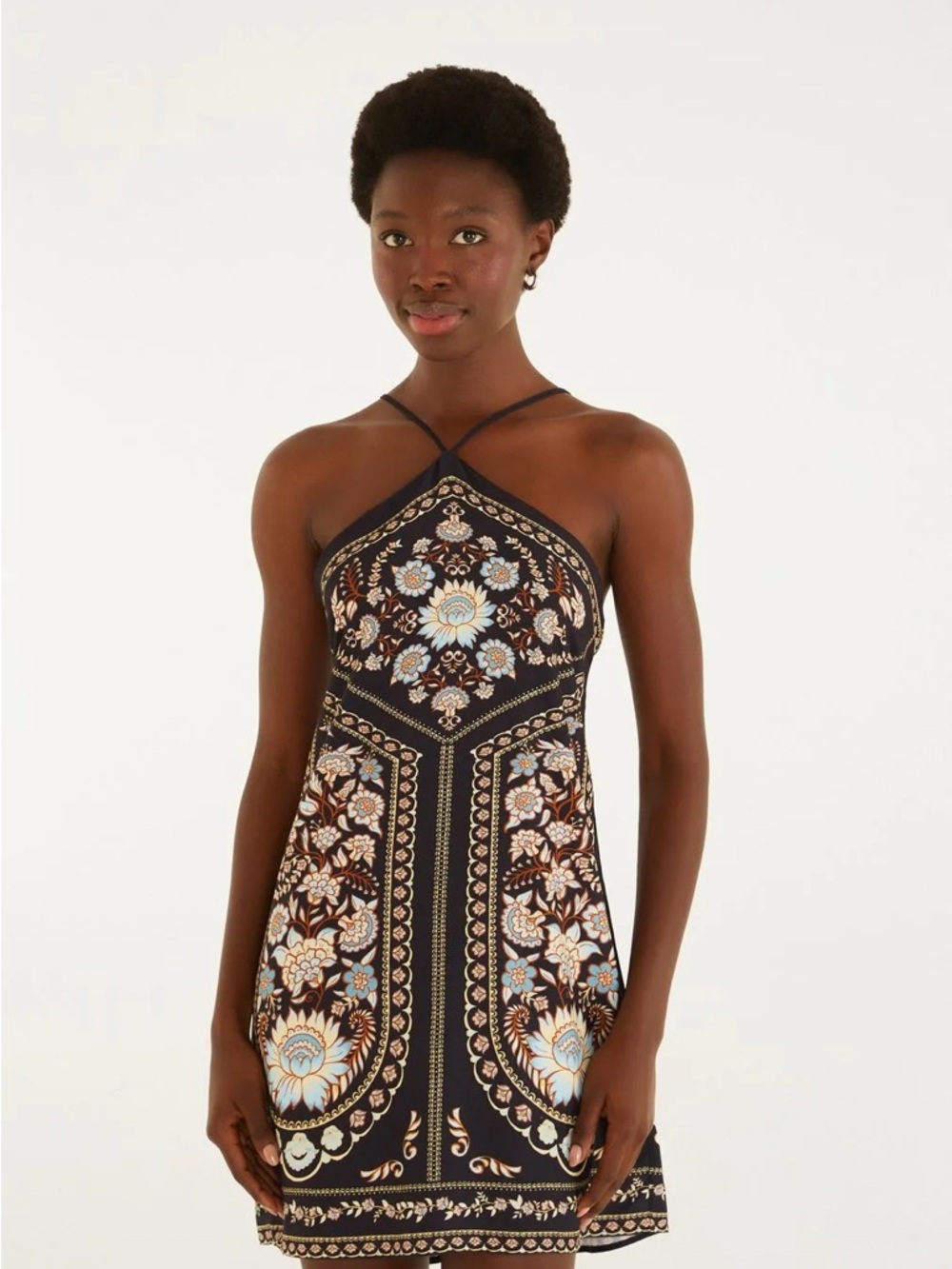 FARM Rio Black Floral Halter Mini Dress with red and Cream Accents